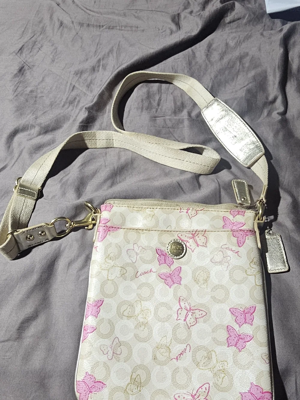 Authentic Coach Beige Butterfly Crossbody Bag with Pink Accents Vintage